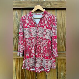 Zenbriele Tunic Shirt Top Red Paisley Blouse V Neck Sz. Medium